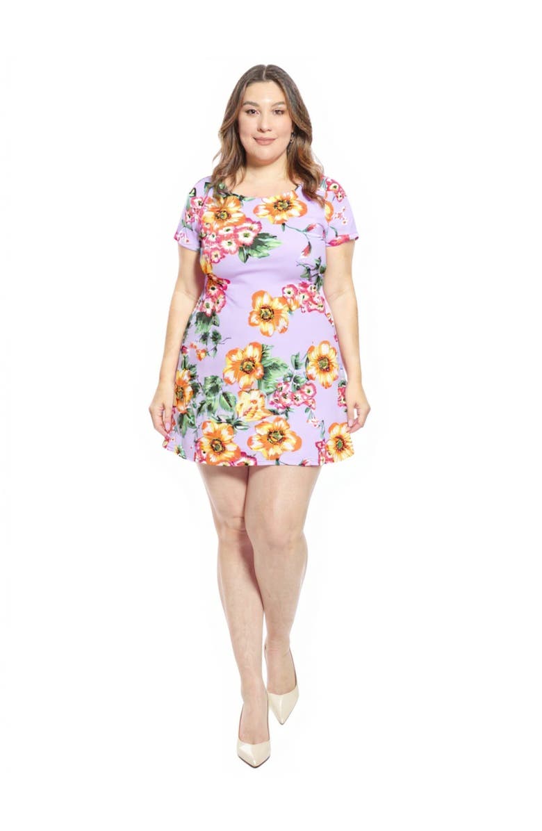24seven Comfort Apparel Plus Size Floral Short Sleeve Round Neck Mini Shift Dress, Main, color, Lilac Multi