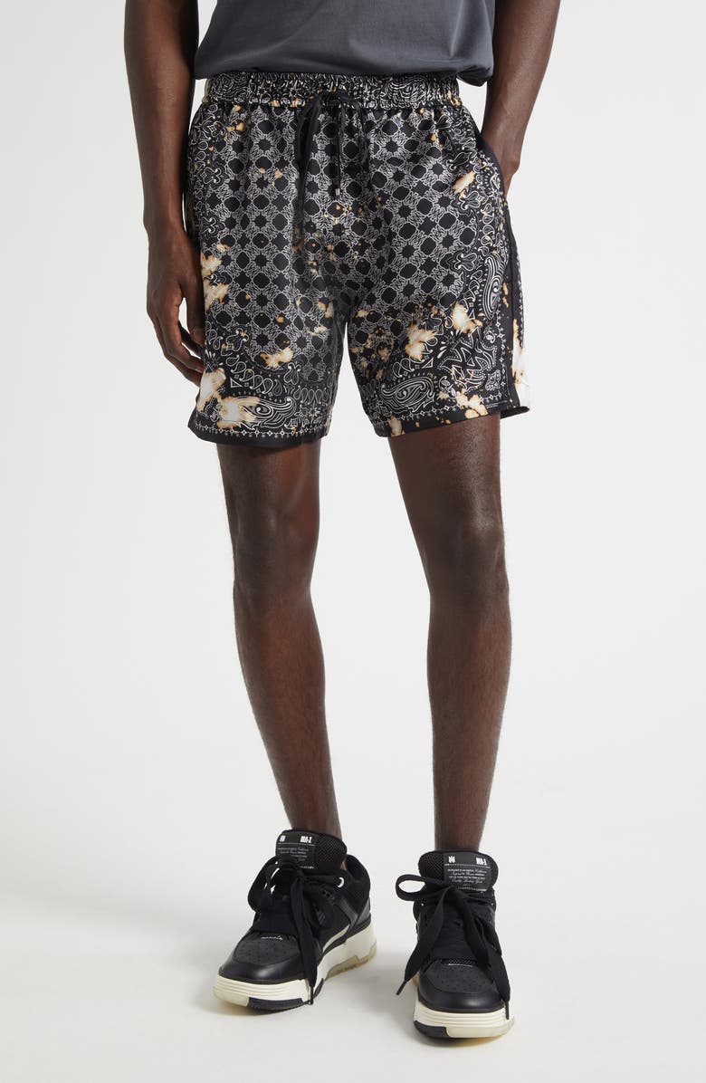 AMIRI Bleach Bandana Silk Drawstring Shorts, Main, color, Black