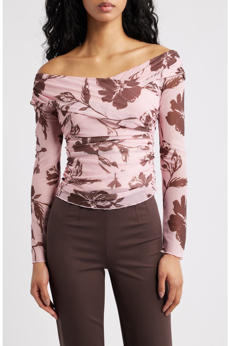 Navida Off the Shoulder Mesh Top, Main, color, PINK BROWN FLORAL