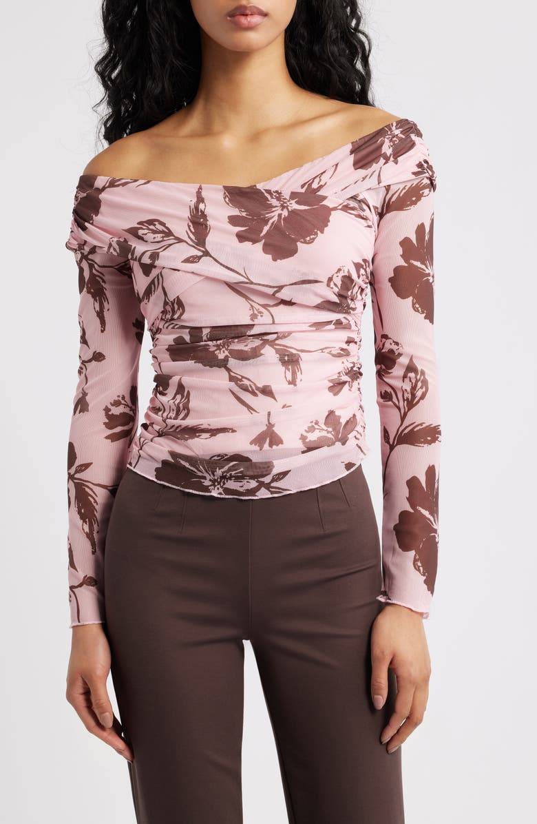 Petal & Pup Navida Off the Shoulder Mesh Top, Main, color, Pink Brown Floral