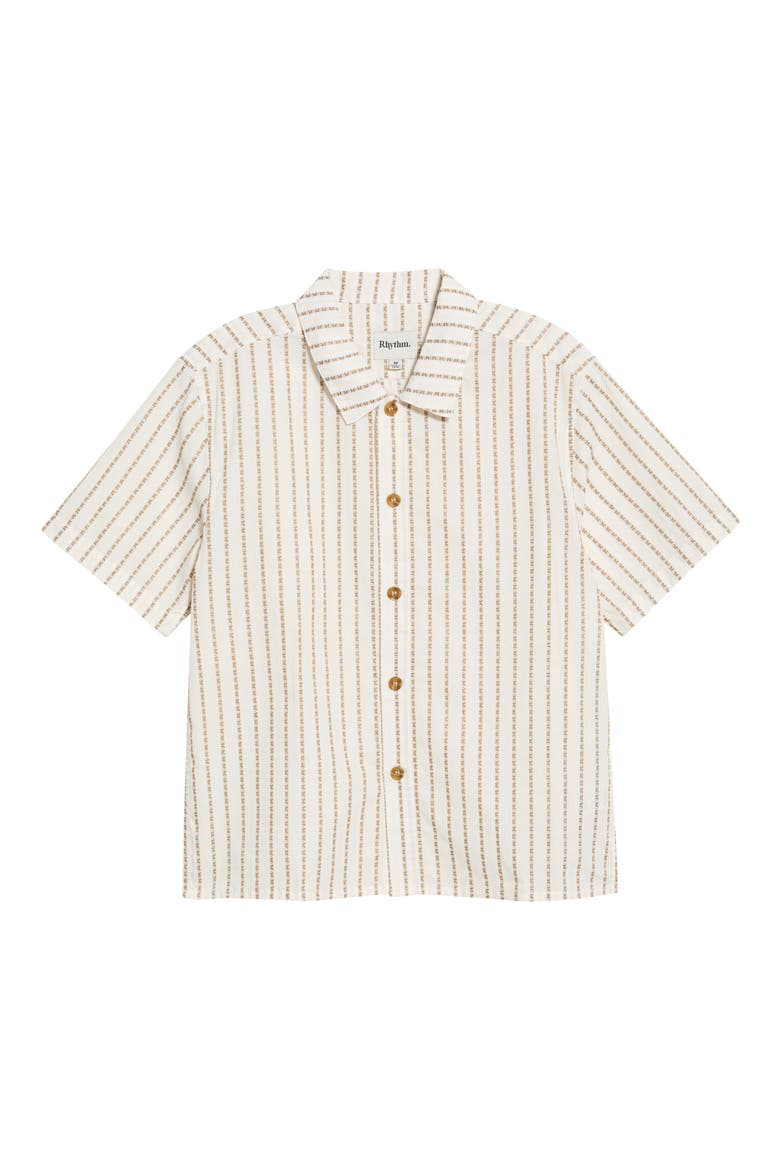 Vacation Stripe Crop Short Sleeve Cotton Button-Up Shirt, Alternate, color, BEIGE MULTI