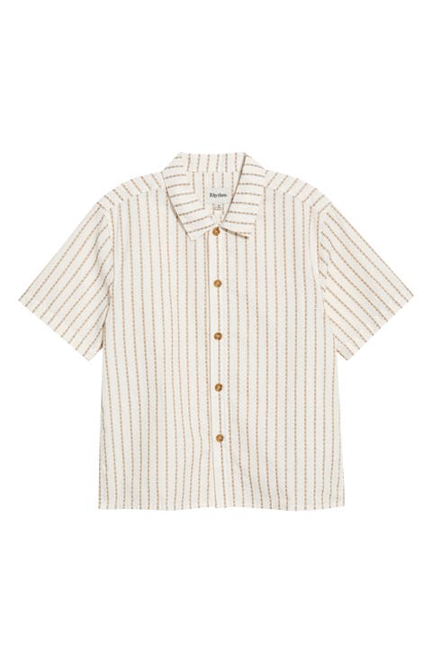 Vacation Stripe Crop Short Sleeve Cotton Button-Up Shirt
