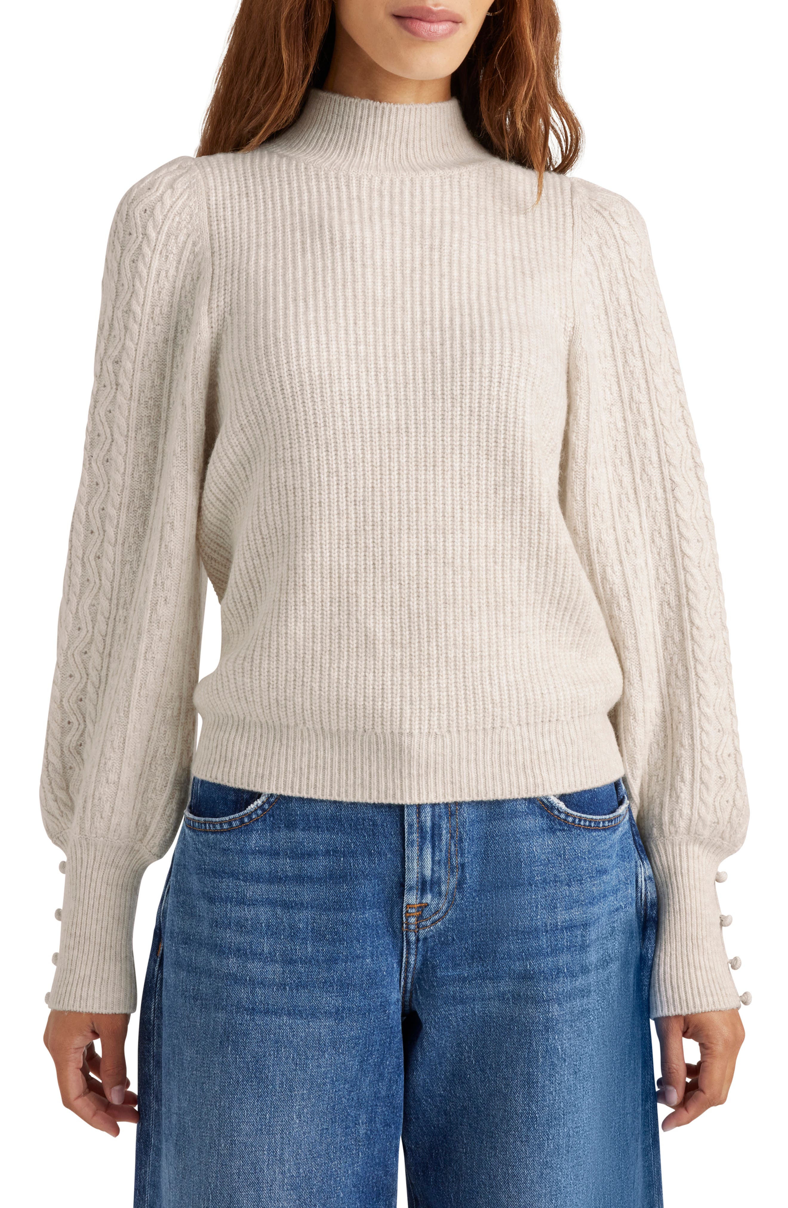 Splendid Jordyn Mock Neck Balloon Sleeve Sweater in Oat Heather 