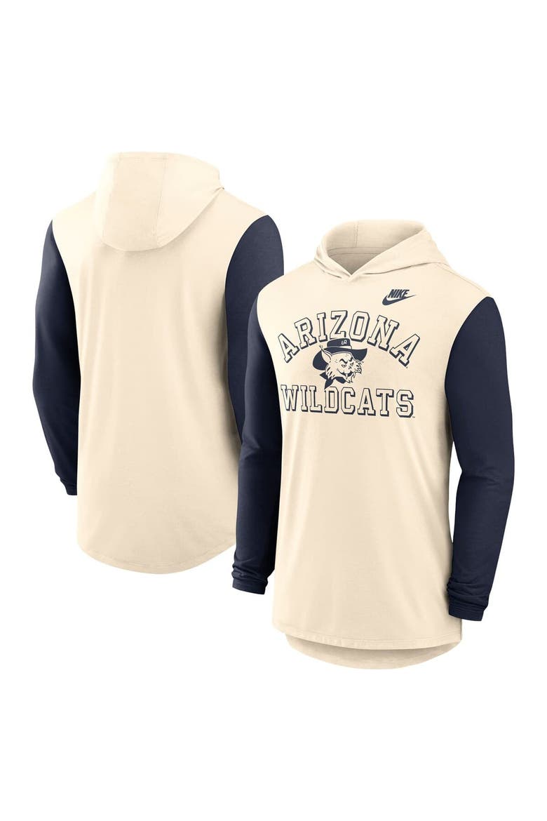 Men's Nike Natural/Navy Arizona Wildcats Legacy Color-Block Tri-Blend Performance Long Sleeve Hoodie T-Shirt, Alternate, color, Natural