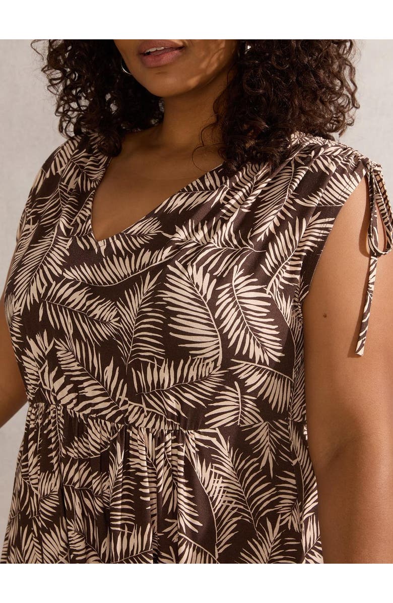 Live Unlimited Leaf Print Drawstring Sleeve Dress, Alternate, color, Brown