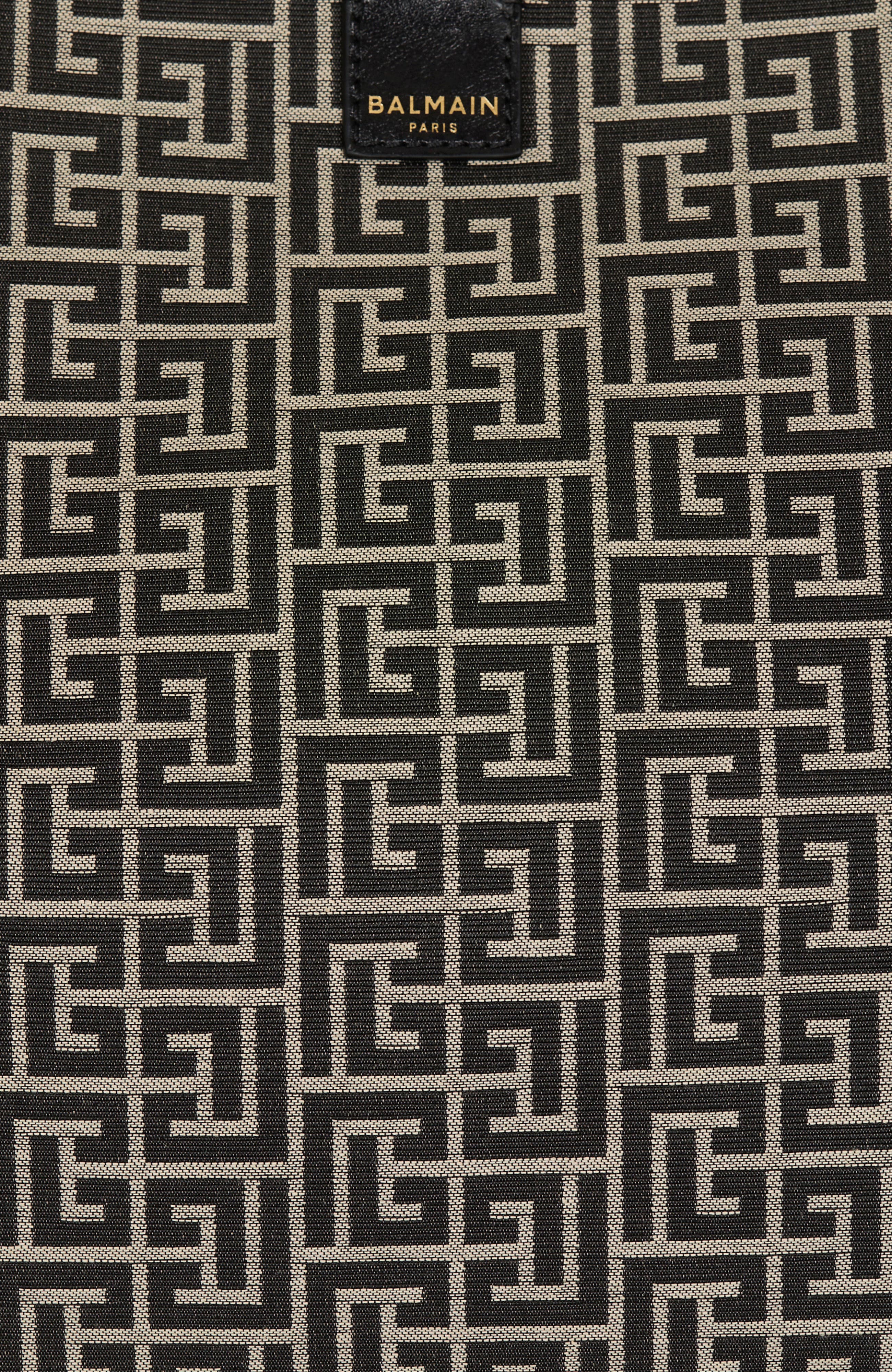 Balmain Medium Release Shopper bag in monogram jacquard and calfskin leather, Alternate, color, Black