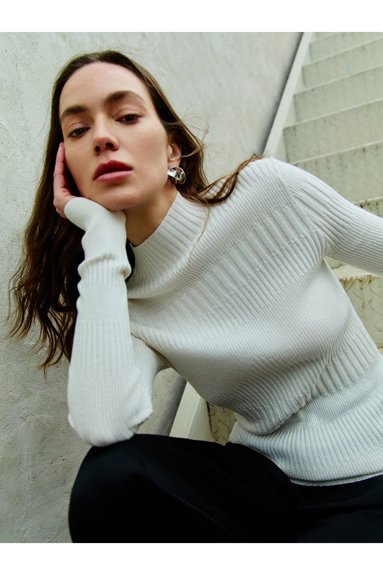 High-neck Ribbed Cotton Silk Cashmere Blend Sweater, Alternate, color, whisper white