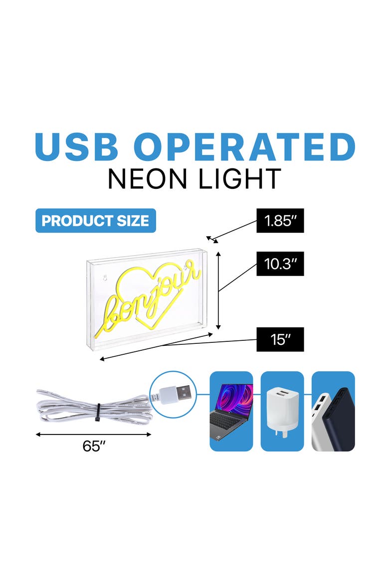 Bonjour Heart 15" X 10.3" Contemporary Glam Acrylic Box USB Operated LED Neon Light, Yellow, Alternate, color, Yellow