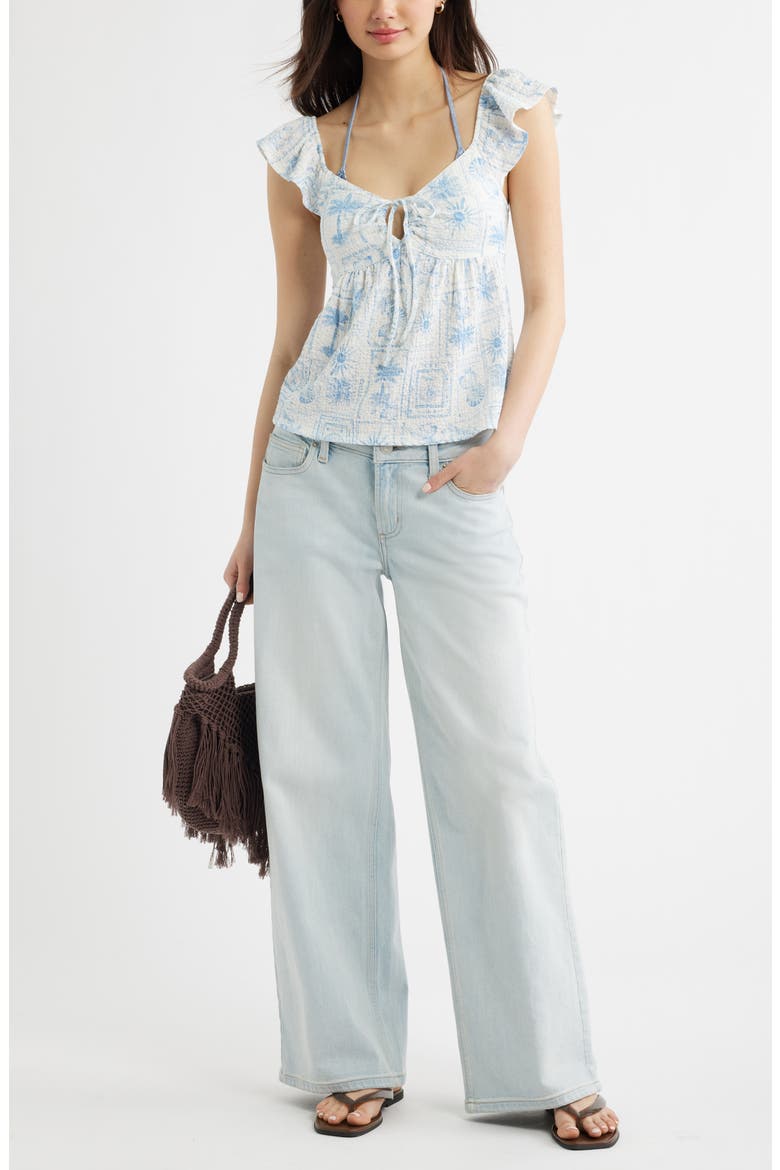Flutter Sleeve Top, Alternate, color, WHITE- BLUE VACATION STAMP