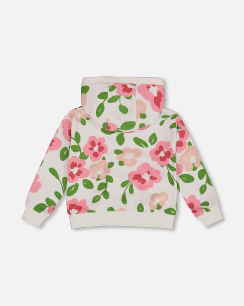 Deux Par Deux Girl's Printed French Terry Hoodie Cardigan Pink Flowers On White Background In Pink Flowers On White