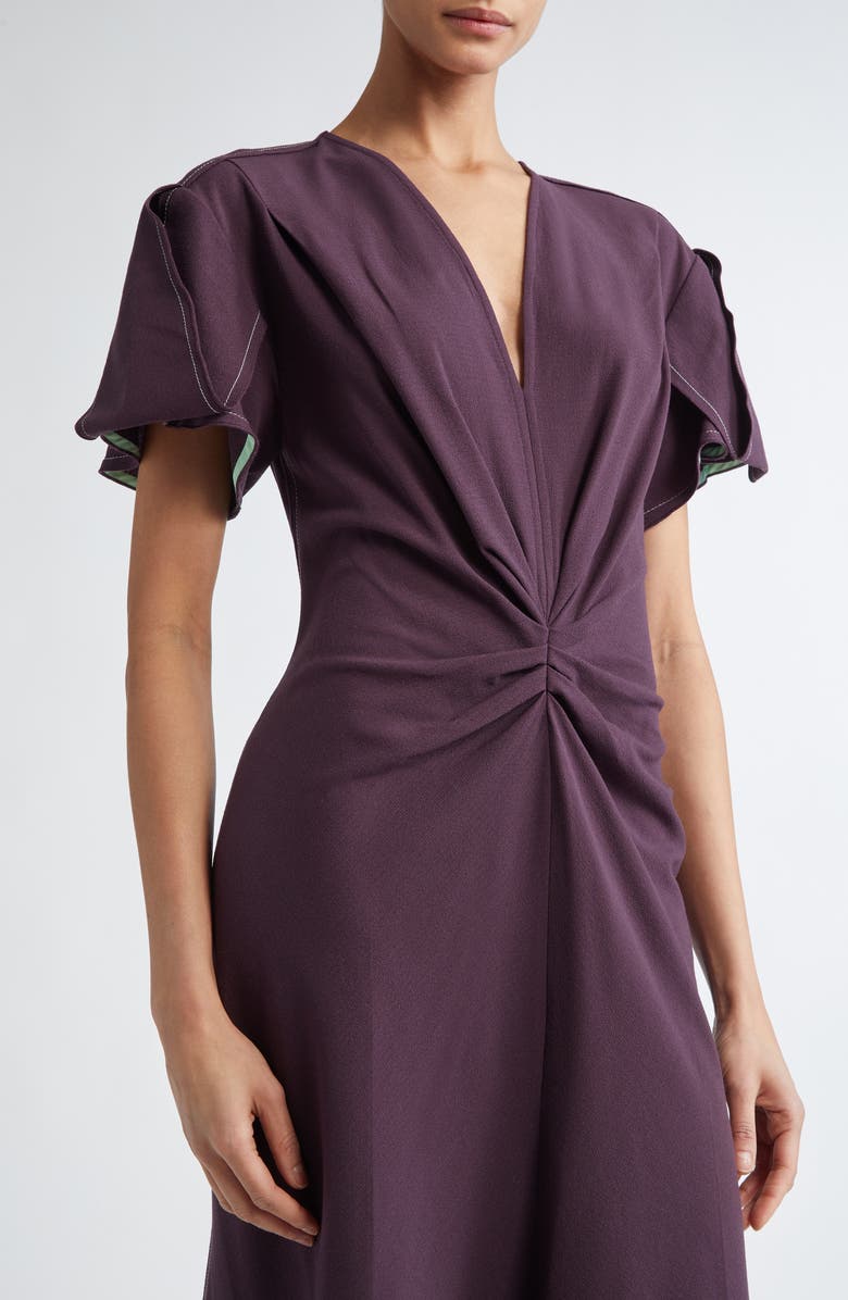 Victoria Beckham Gathered Wool Blend Crepe Midi Dress, Alternate, color, Fig