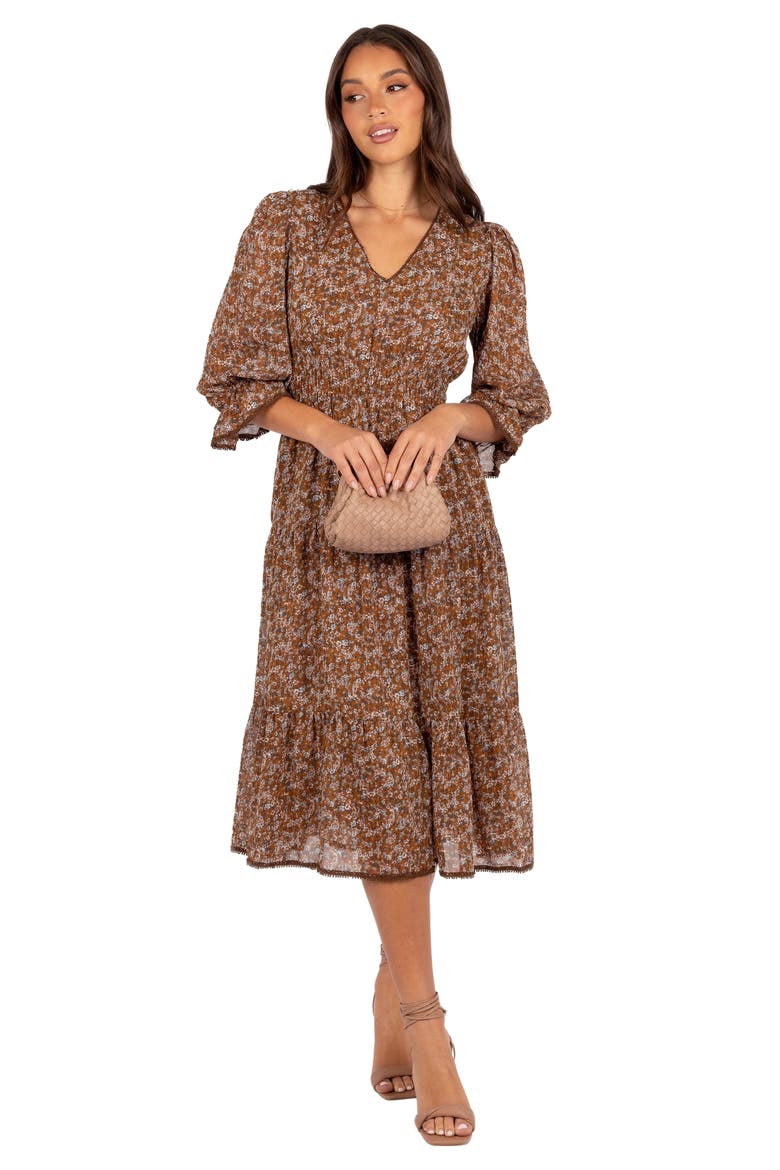 Simone Floral Print Midi Dress, Alternate, color, CAMEL