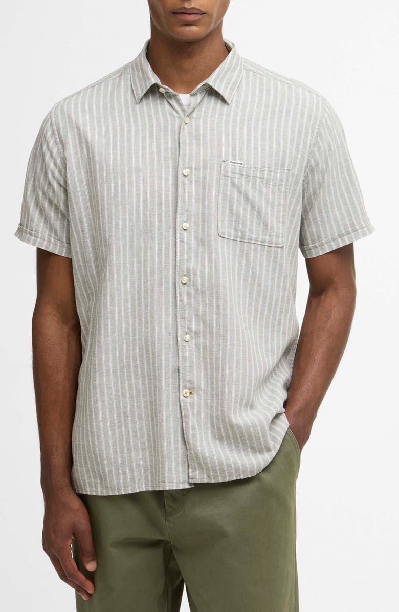 Barbour Nelson Stripe Short Sleeve Linen & Cotton Button-Up Shirt, Main, color, Bleached Olive