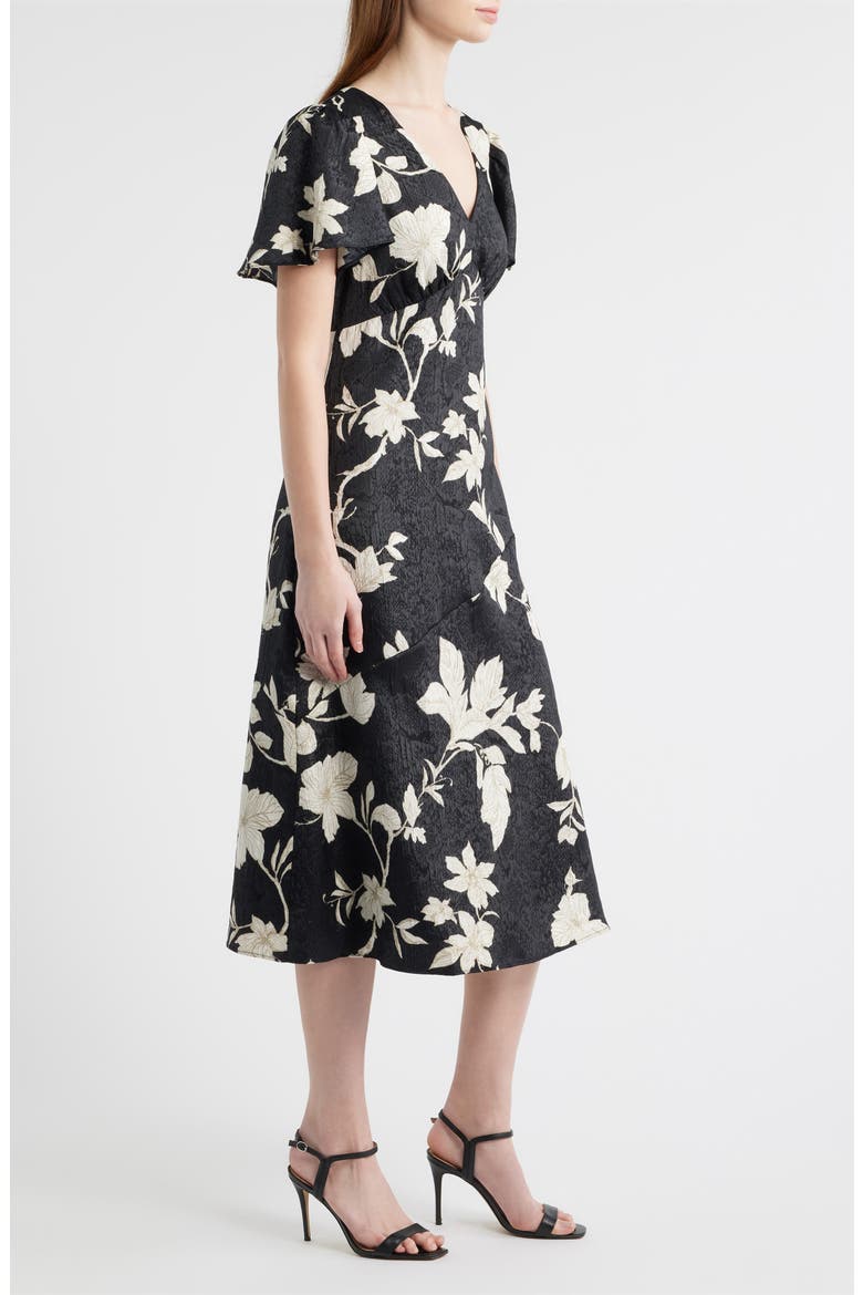 Floral Jacquard Draped Midi Dress, Alternate, color, BLACK- IVORY JAN TOILE