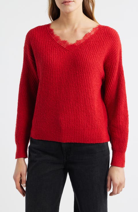Lace Accent Cotton Blend V-Neck Sweater