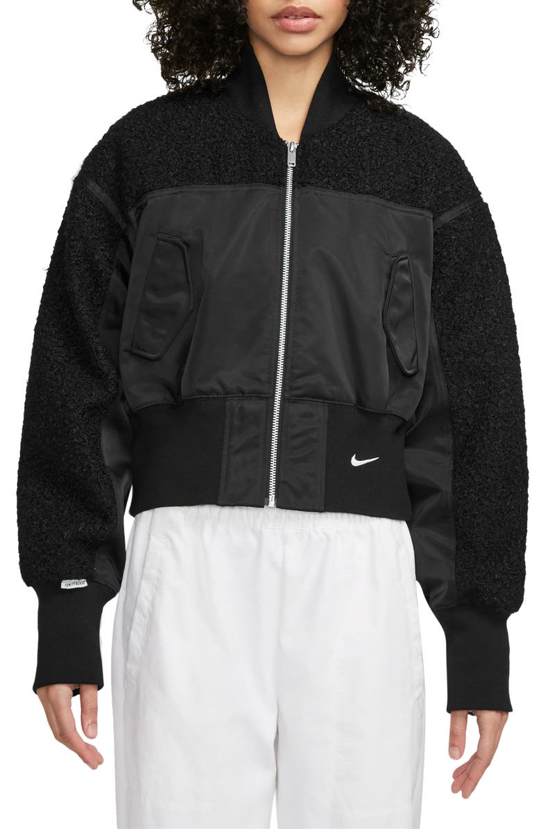 Nike Sportswear Collection High Pile Fleece Bomber Jacket, Main, color, Black/ Guava Ice