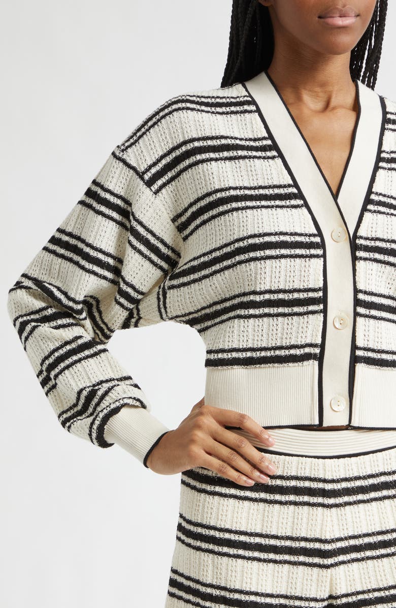 Ramy Brook Romy Stripe Crop Pointelle Cardigan, Alternate, color, Black Stripe