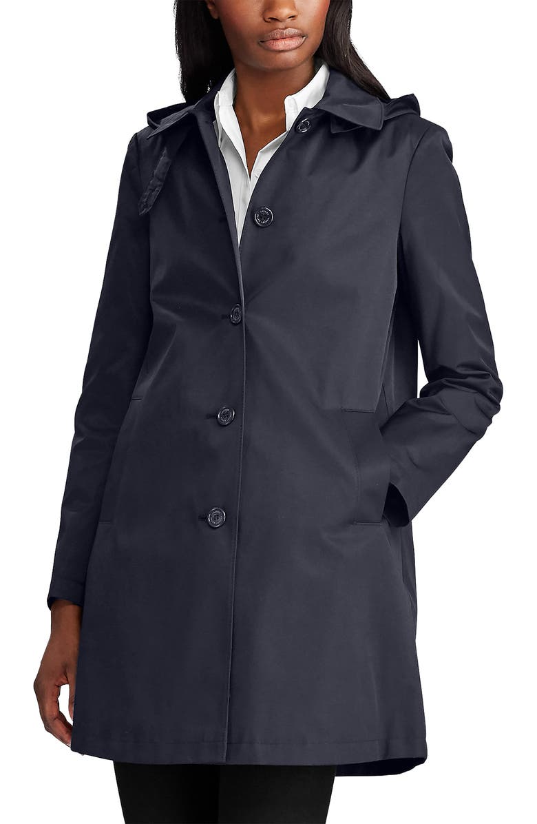 Lauren Ralph Lauren Balmacaan Hooded Raincoat, Main, color, Dk Navy