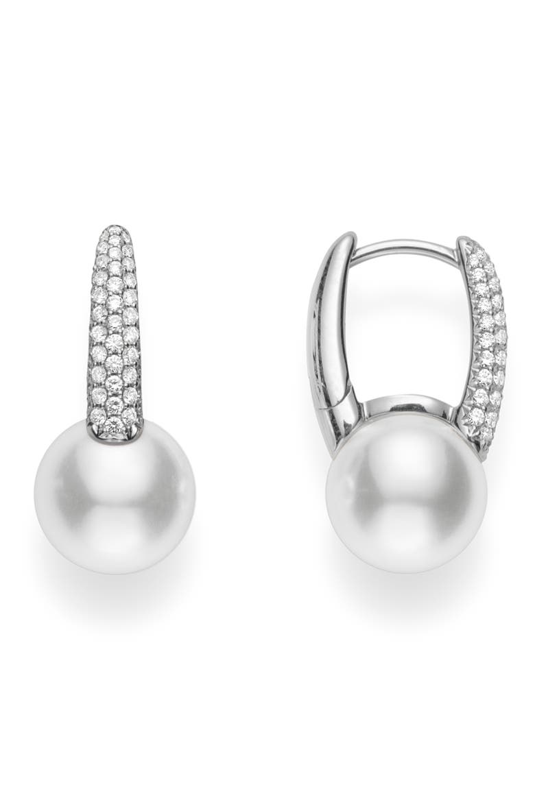 Akoya Cultured Pearl & Diamond Hoop Earrings, Main, color, 18K WHITE GOLD