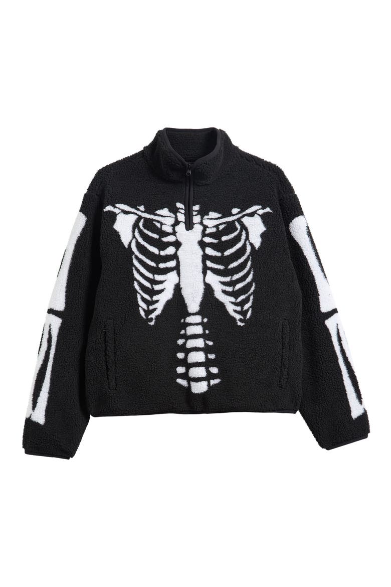 Skeletal Print High Pile Fleece Quarter Zip Pullover, Main, color, BLACK