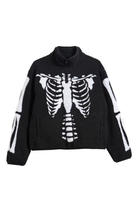 Skeletal Print High Pile Fleece Quarter Zip Pullover