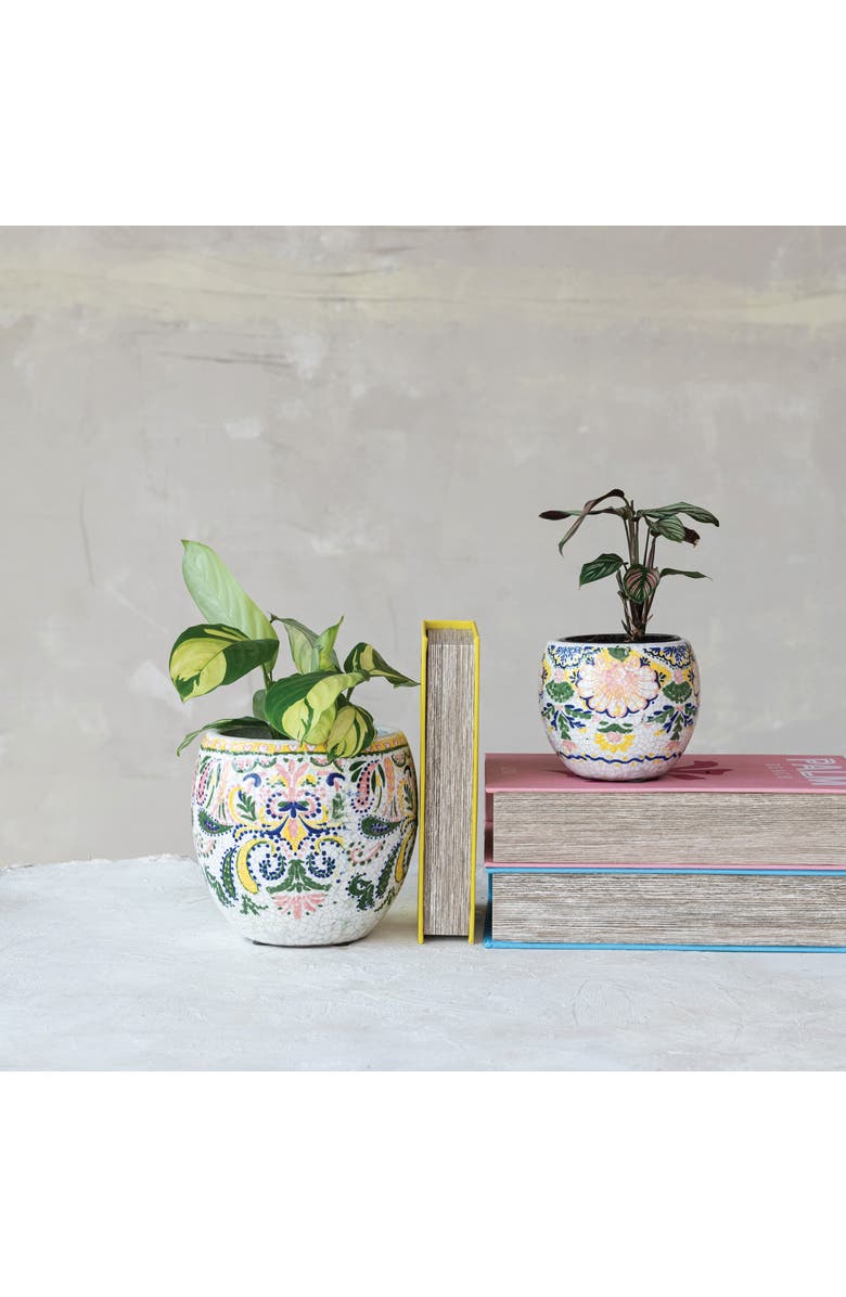 Storied Home Terra-cotta Planter with Floral Pattern, Crackle Glaze, Multicolor, Alternate, color, Blue