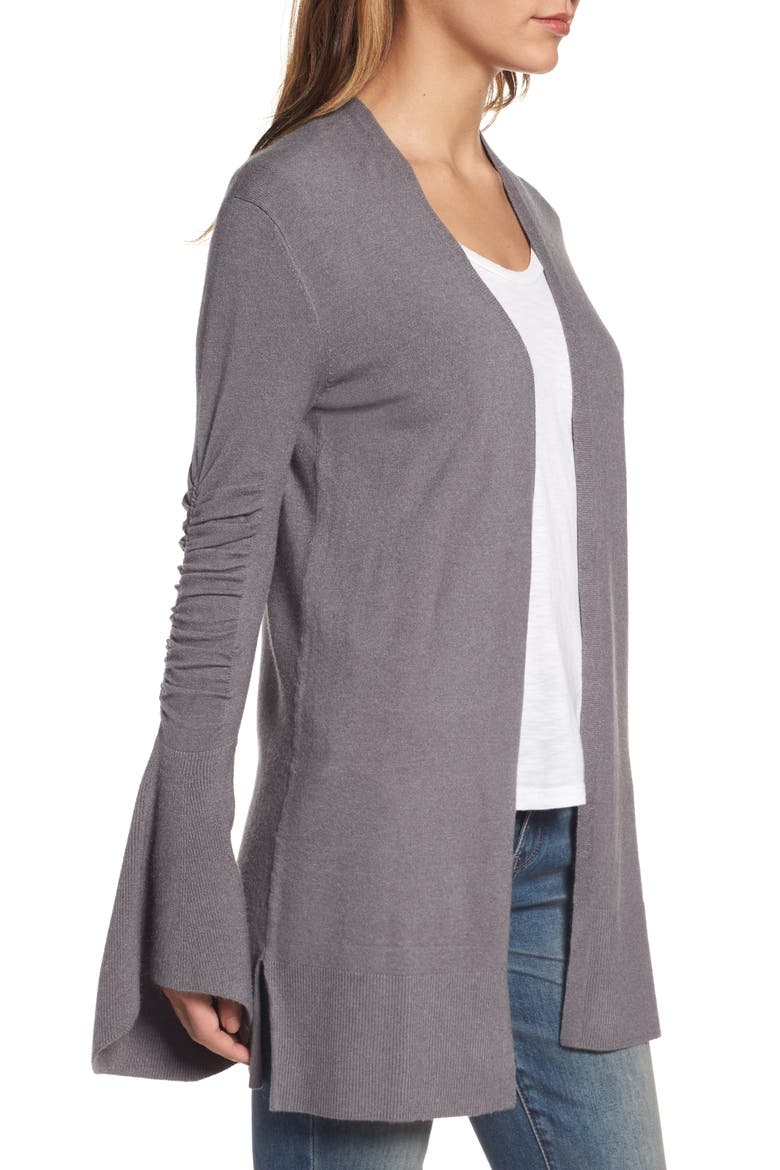 Ruched Bell Sleeve Cardigan, Alternate, color, GREY DARK HEATHER
