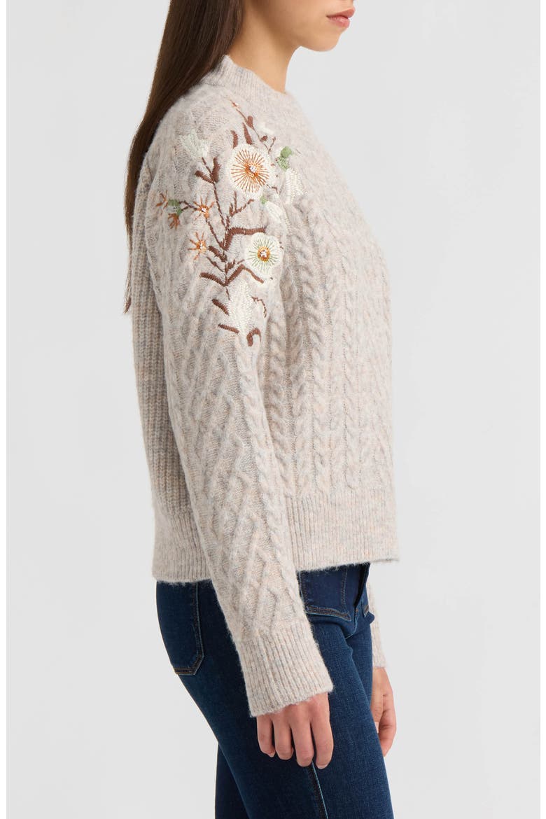 Embroidered Cable Mock Neck Sweater, Alternate, color, LIGHT GREY MELANGE
