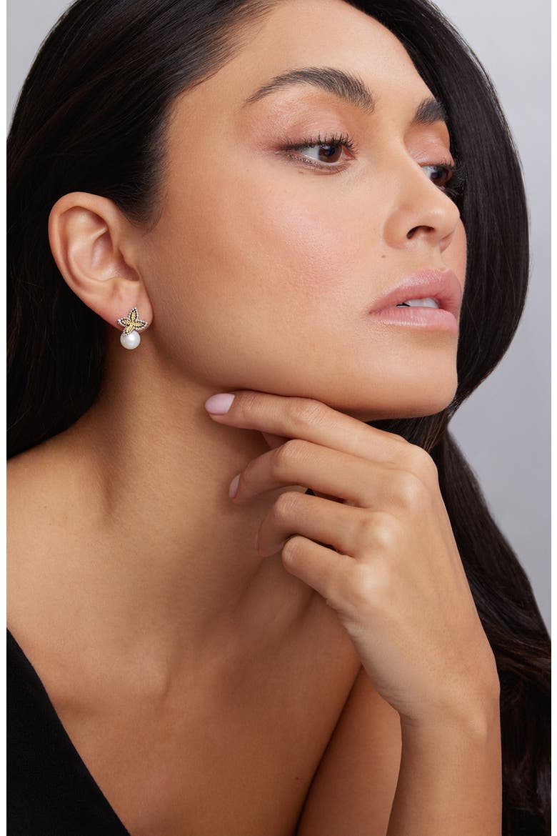 Luna Pearl Floral Cap Drop Earrings, Alternate, color, TWO TONE/ PEARL
