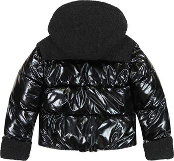 Kids' Shimmer Cargo Pocket Faux Shearling Hooded Puffer Jacket
