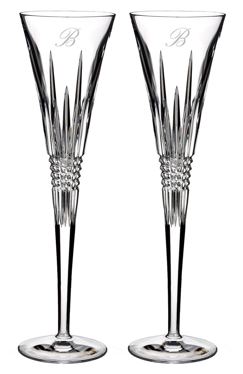 Waterford Lismore Diamond Set of 2 Monogram Lead Crystal Champagne Flutes, Main, color, 