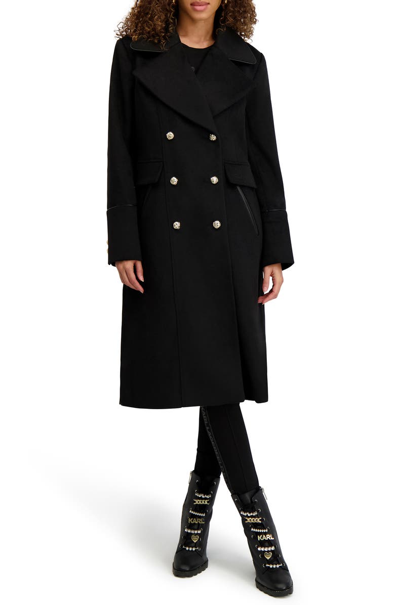 KARL LAGERFELD PARIS Double Breasted Wool Blend Coat, Main, color, Black