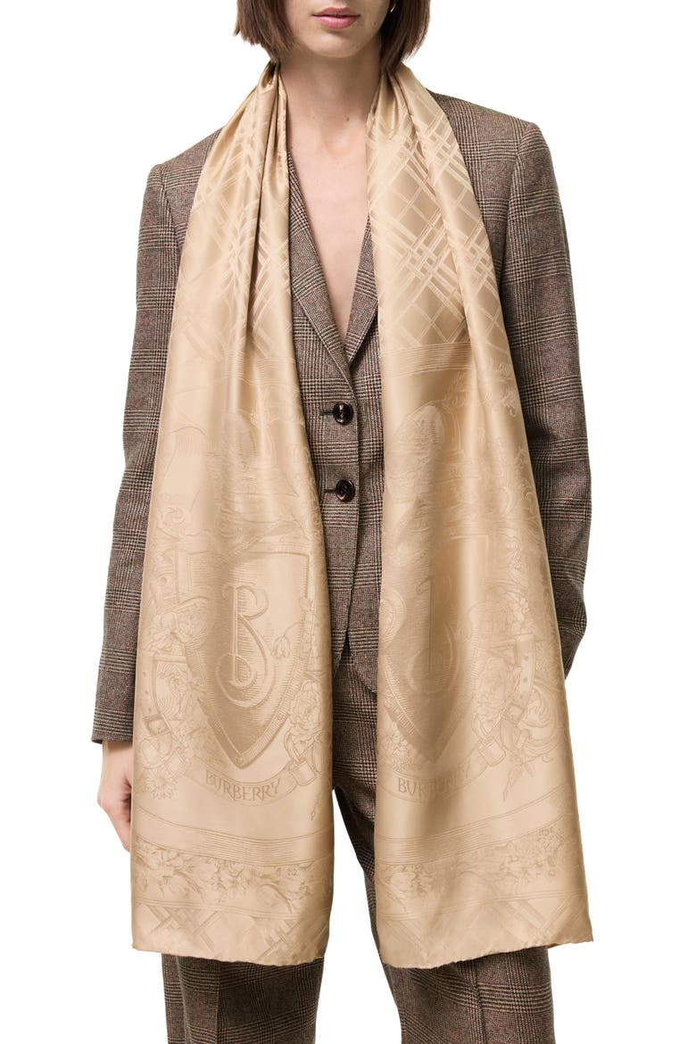Floral Crest Silk Jacquard Scarf, Main, color, SAND BEIGE