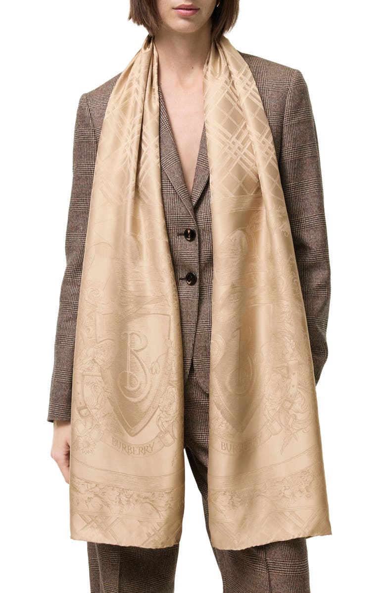 Burberry Floral Crest Silk Jacquard Scarf, Main, color, Sand Beige