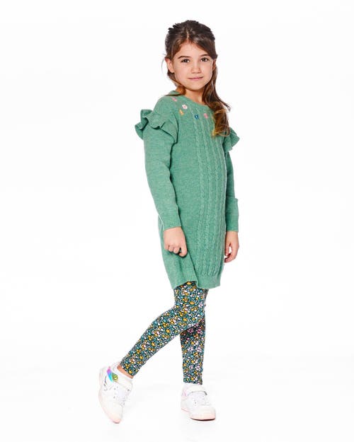 Deux Par Deux Knitted Dress With Ruffles And Floral Embroidery In Green