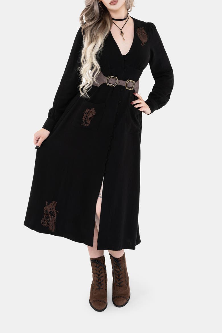 Hexborn Linen-blend Baba Yaga Midi Dress, Alternate, color, Black