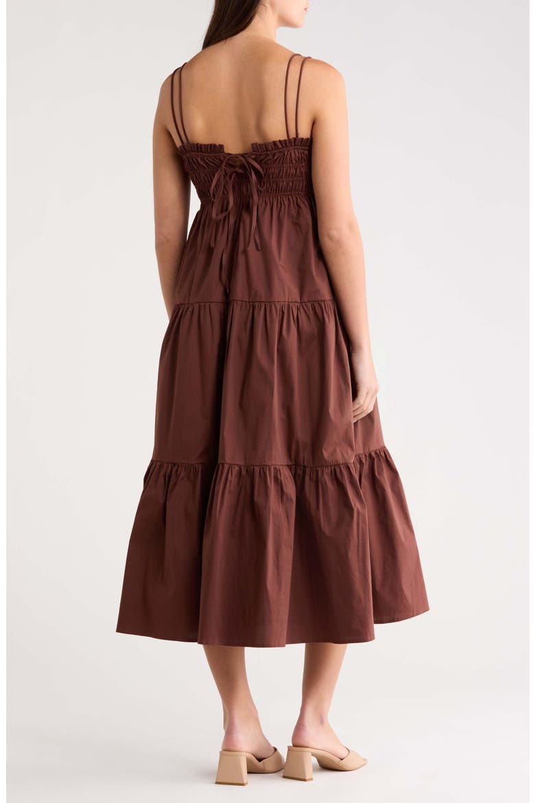 Gennie Smocked Tiered Cotton Midi Dress, Alternate, color, BROWN