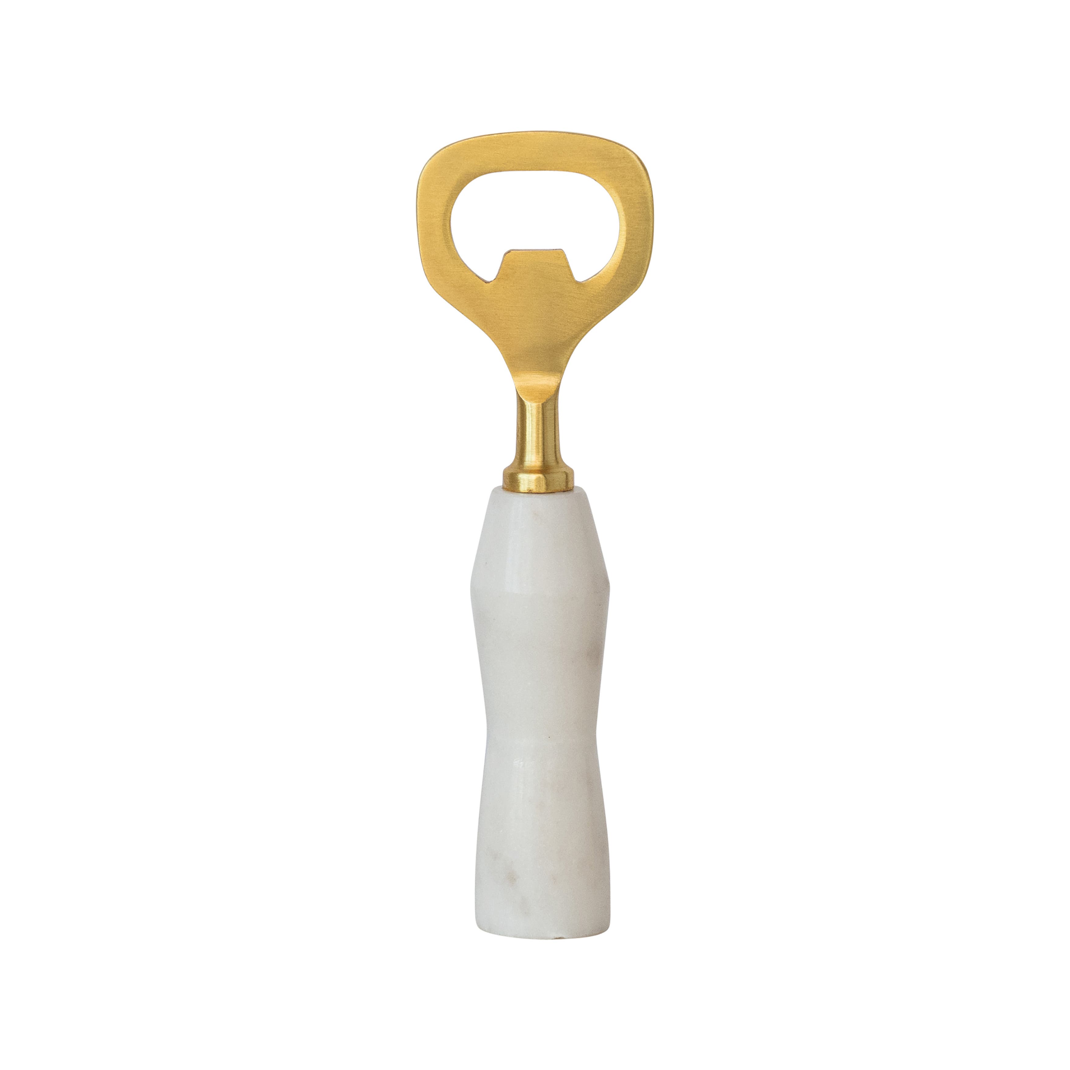 Storied Home Stainless Steel and Marble Bottle Opener, Gold Finish, White - Gold