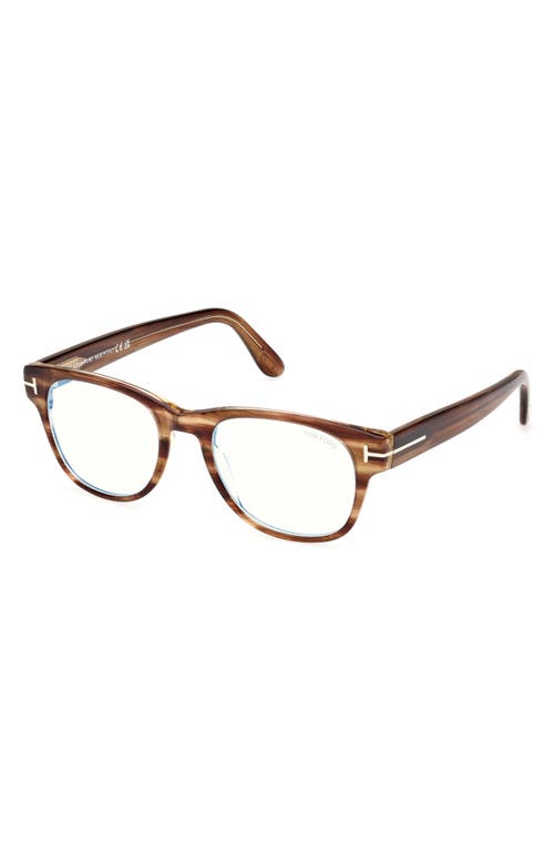 Tom Ford 52mm Square Blue Light Blocking Optical Glasses In Striped Brown/t Logo
