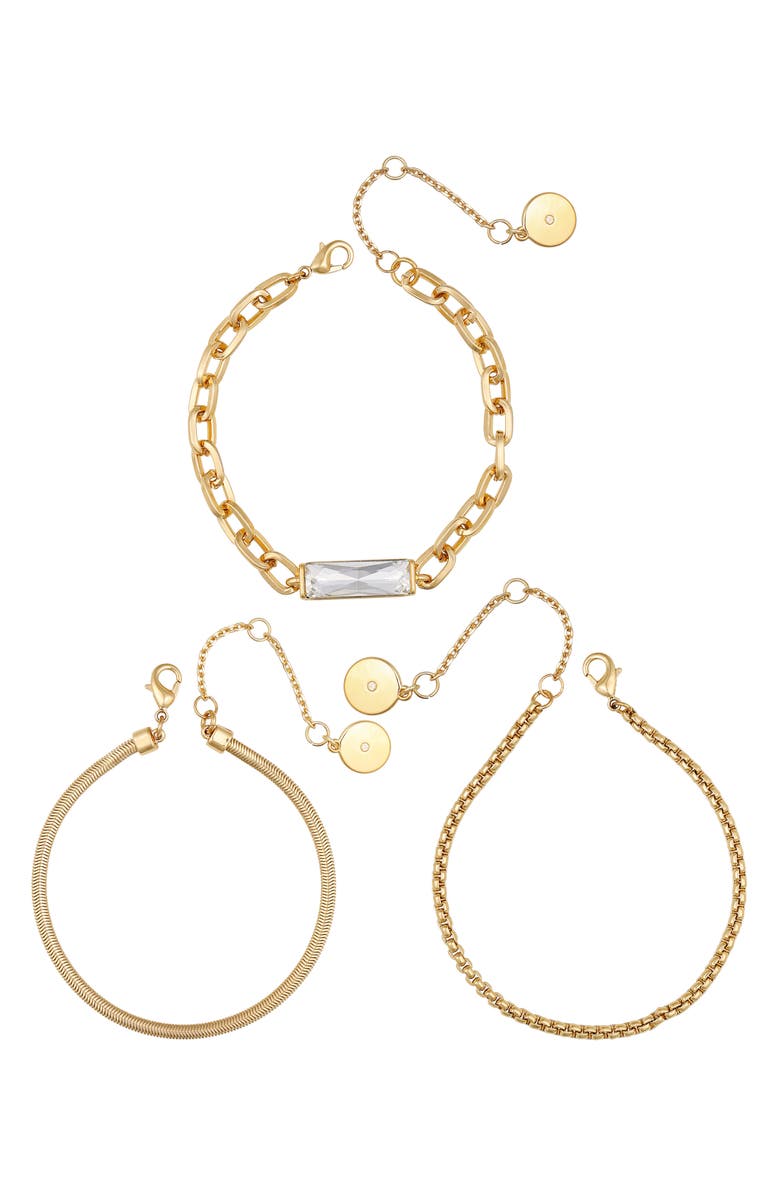 Vince Camuto Set of 3 Baguette Crystal & Chain Bracelets, Alternate, color, Gold Tone