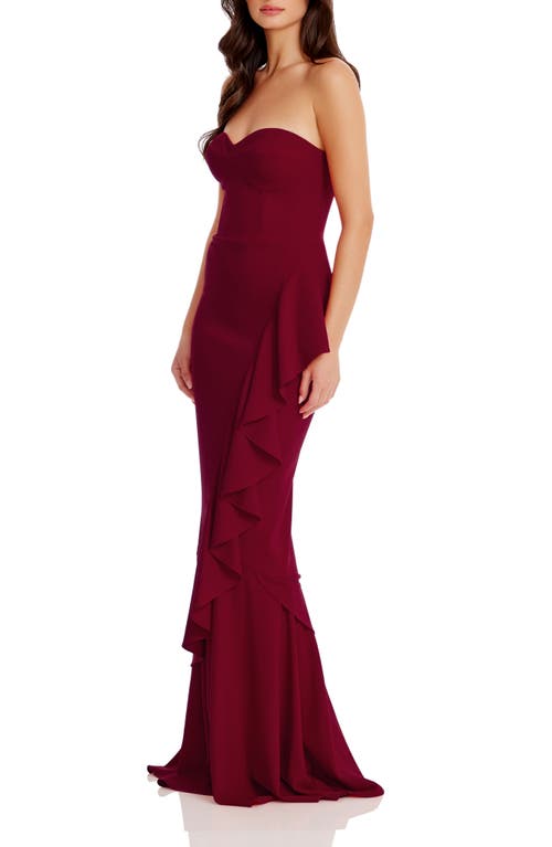 Dress The Population Paris Ruffle Strapless Mermaid Gown In Burgundy
