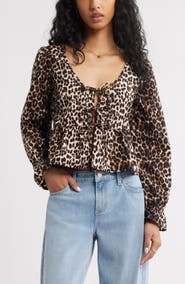 BP. Tie Front Scoop Neck Cotton Poplin Peplum Top