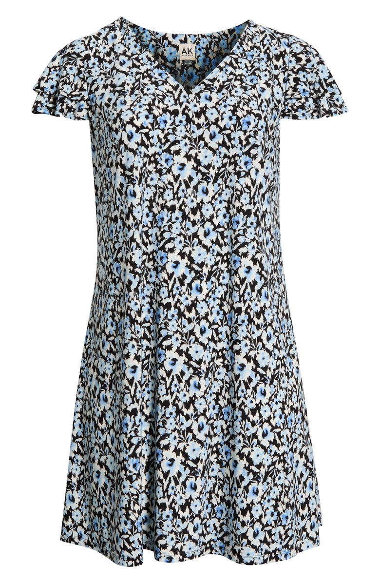 AK ANNE KLEIN Floral Double Flutter Sleeve Dress, Alternate, color, Blue Yonder Multi