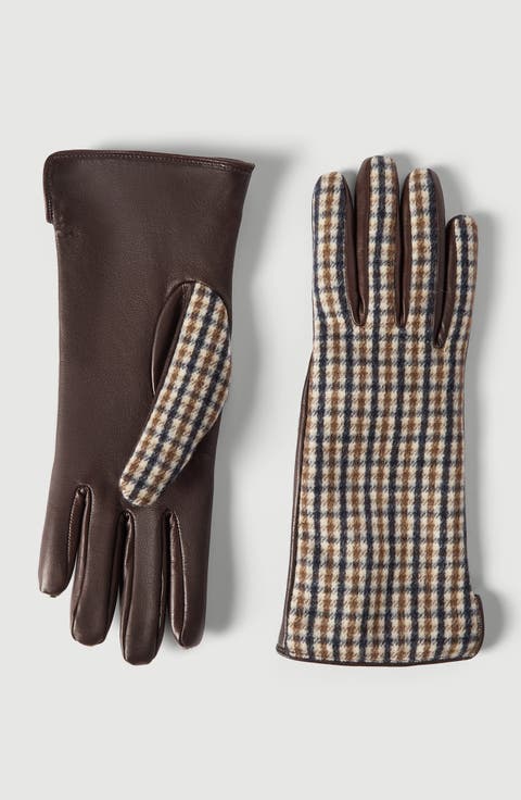 Checked virgin wool flannel and leather gloves