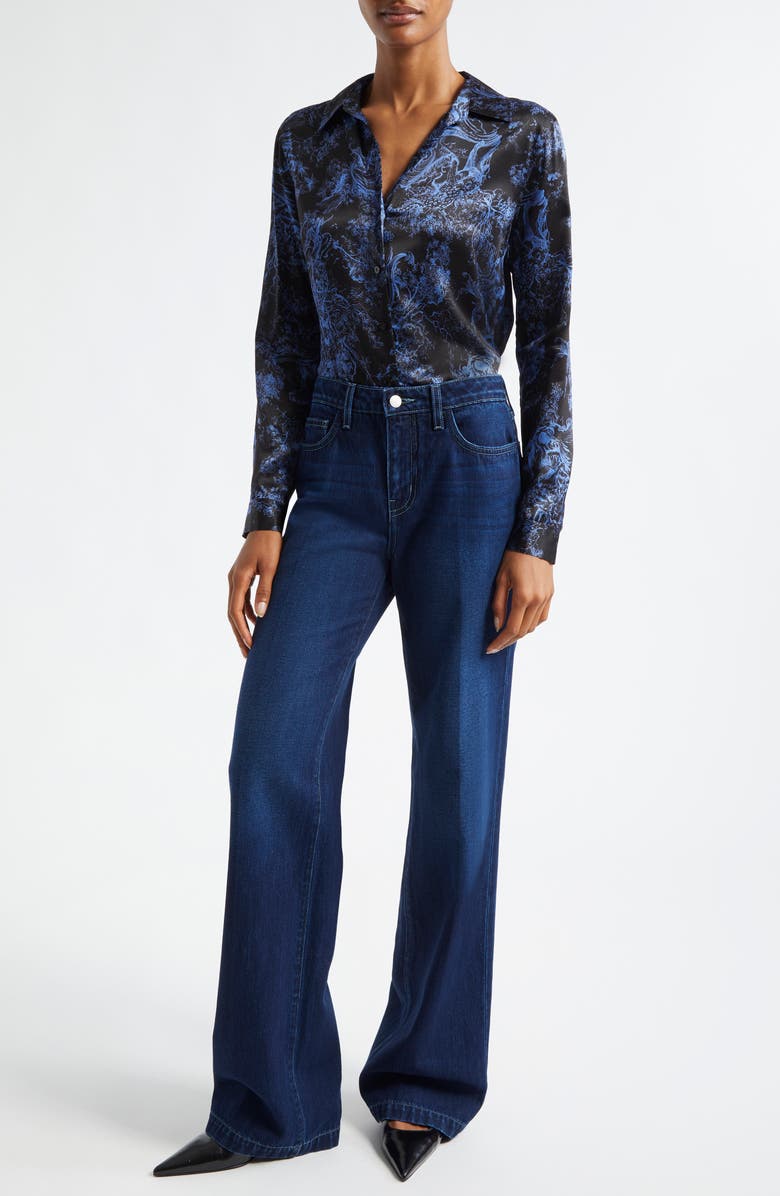 L'AGENCE Tyler Print Silk Button-Up Shirt, Alternate, color, Blackperi