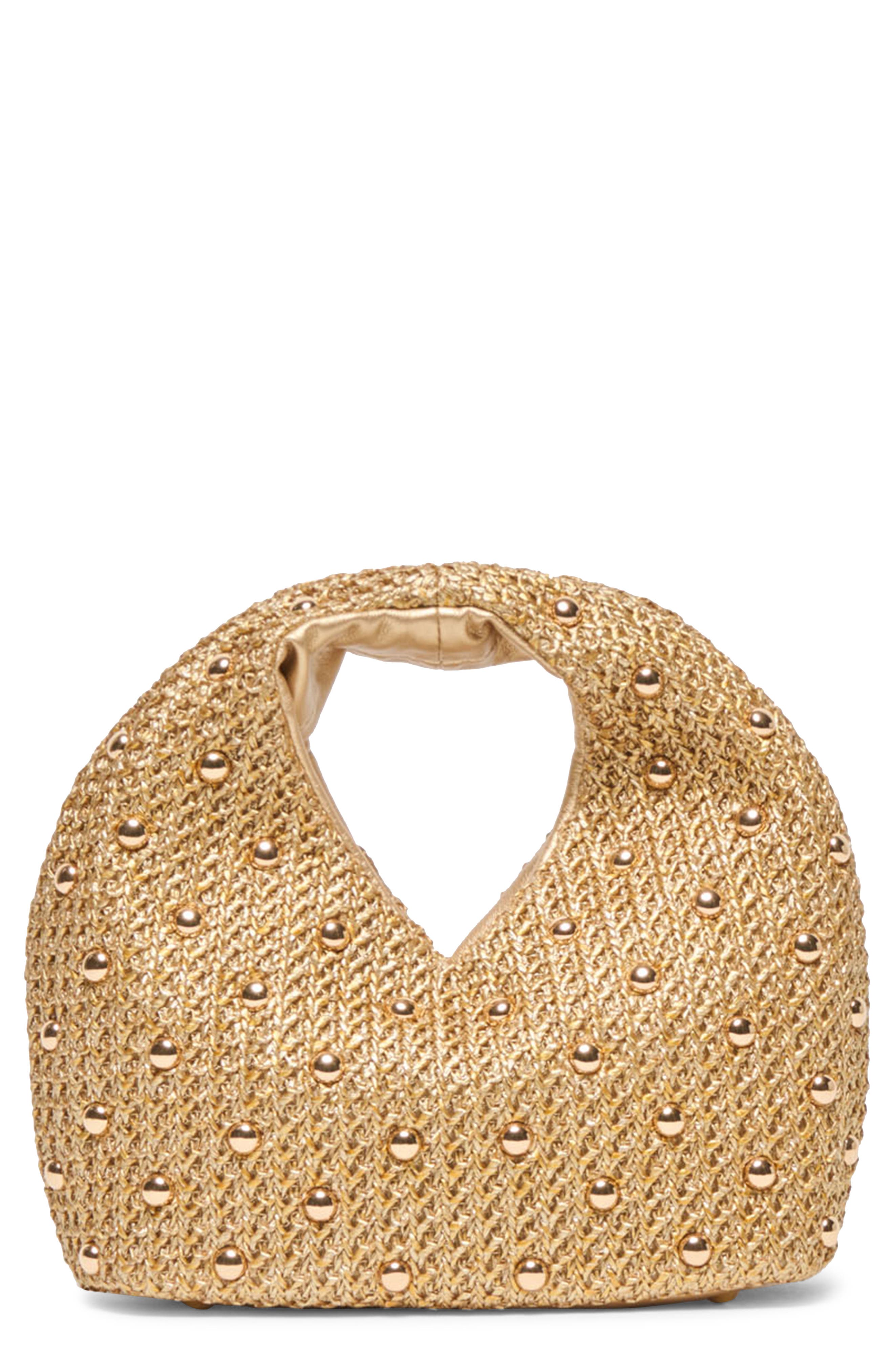 Dolce Vita Dahlia Studded Woven Raffia Handbag, Main, color, Gold