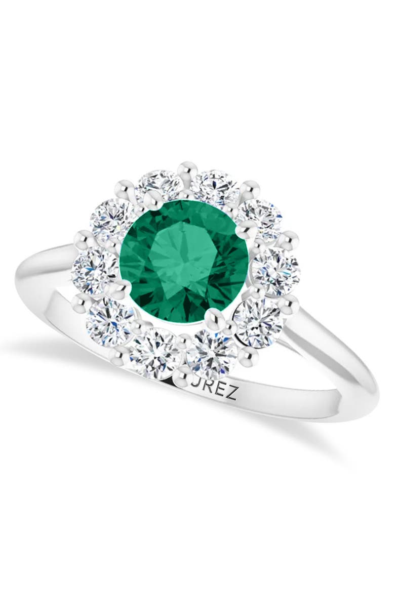 Round Lab Emerald & Diamond Halo Ring 14K 1.28ct, Main, color, Emerald/White Gold