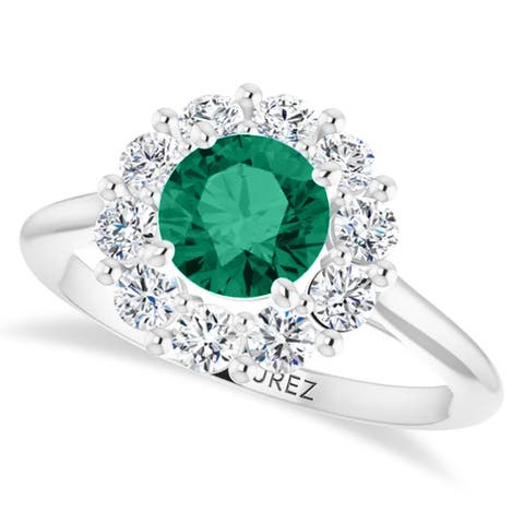 Round Lab Emerald & Diamond Halo Ring 14K 1.28ct