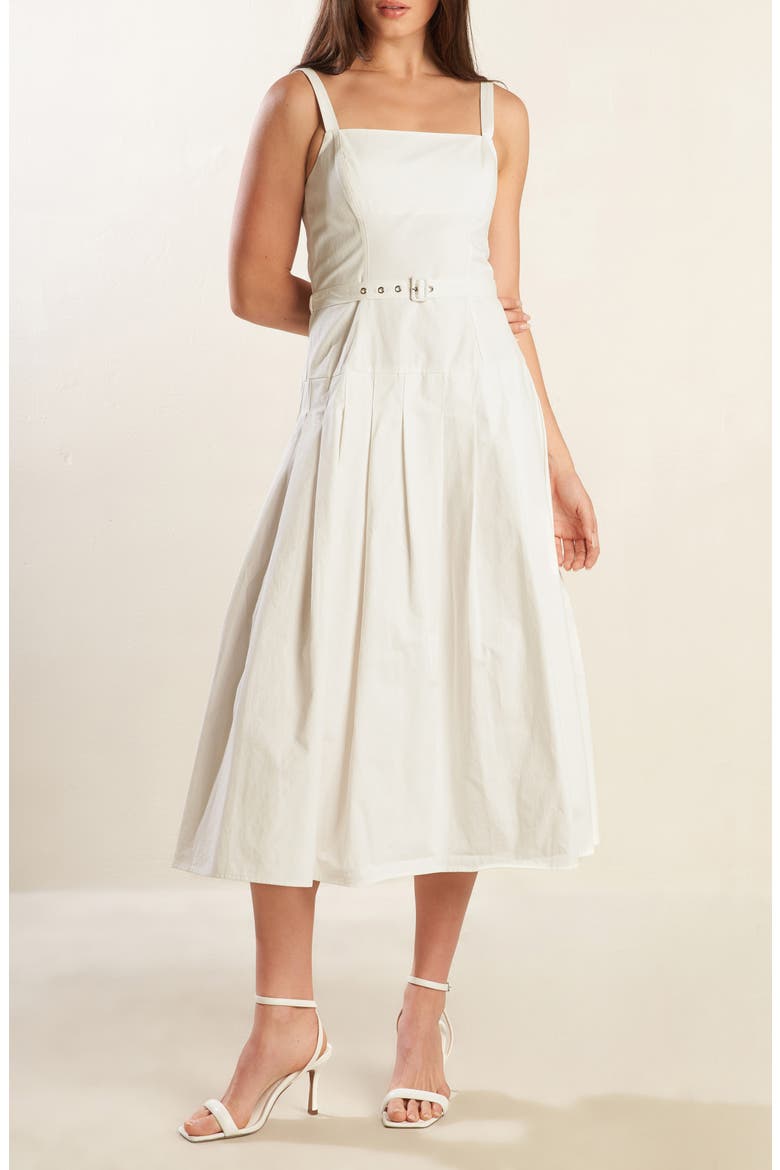 Square Neck Belted Cotton Midi Sundress, Alternate, color, WHITE