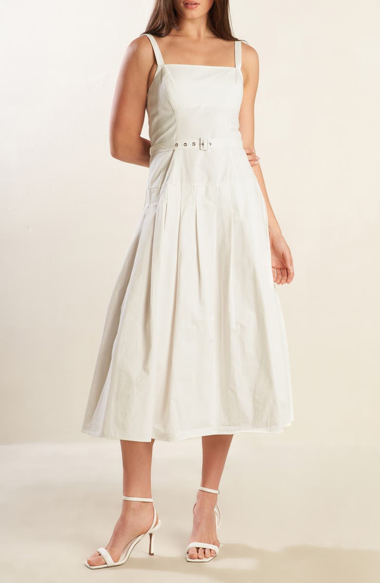 FREEMARKET Square Neck Belted Cotton Midi Sundress, Alternate, color, White